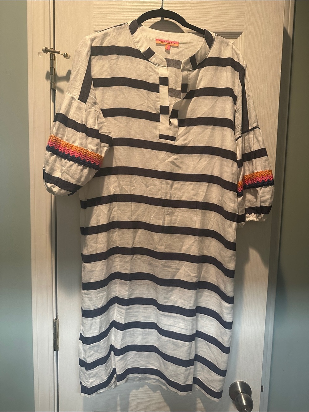 Vilagallo White and Navy Striped Cotton Tunic Dress with Multicolor Sleeve Trim